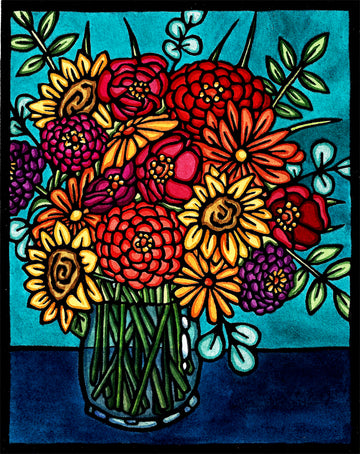 Vase of Flowers - Original Linocut