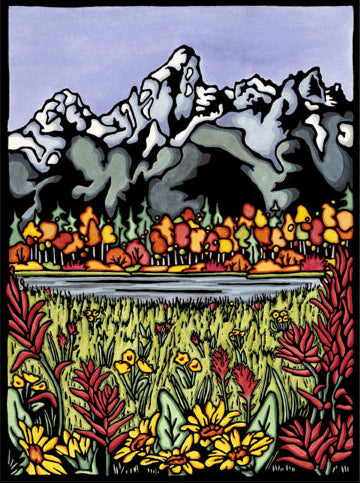 The Tetons - Original Linocut