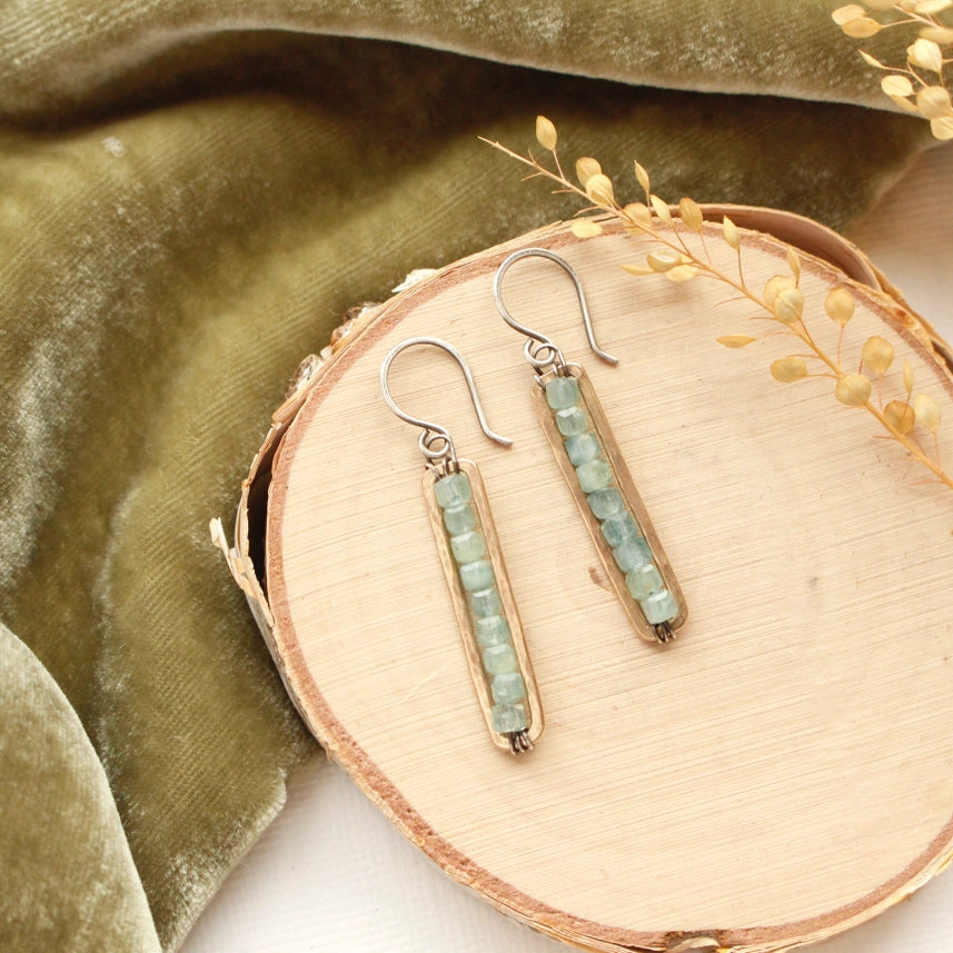 Beaded Bronze Bar - Earrings - Apatite