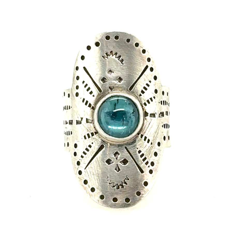 Ring - Stamped Shield with Blue Tourmaline