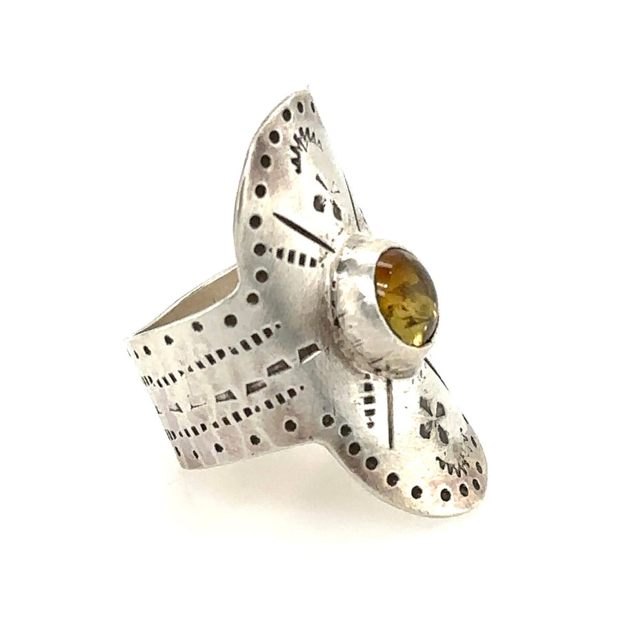 Ring - Stamped Shield with Yellow Tourmaline