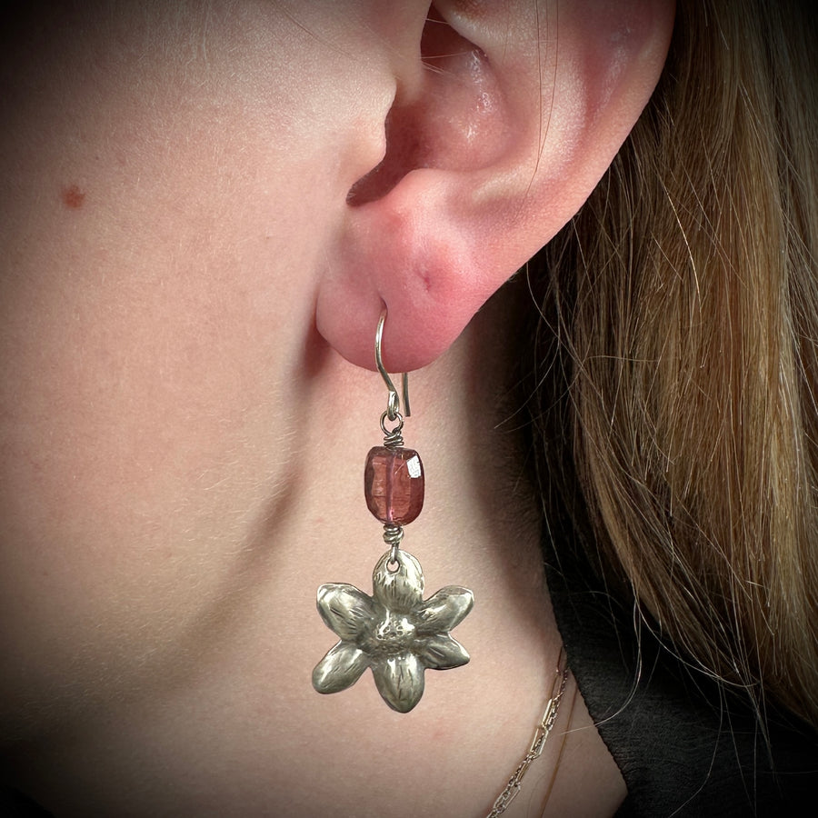 Earrings - Repousse Flowers with Pink Tourmaline