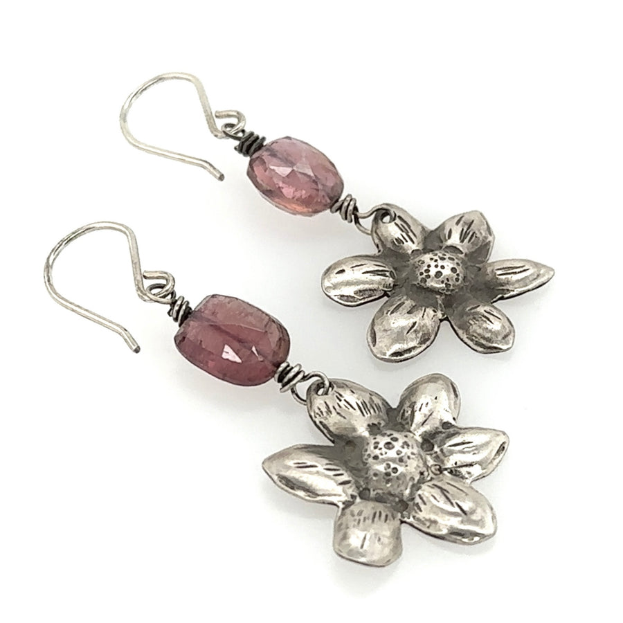 Earrings - Repousse Flowers with Pink Tourmaline