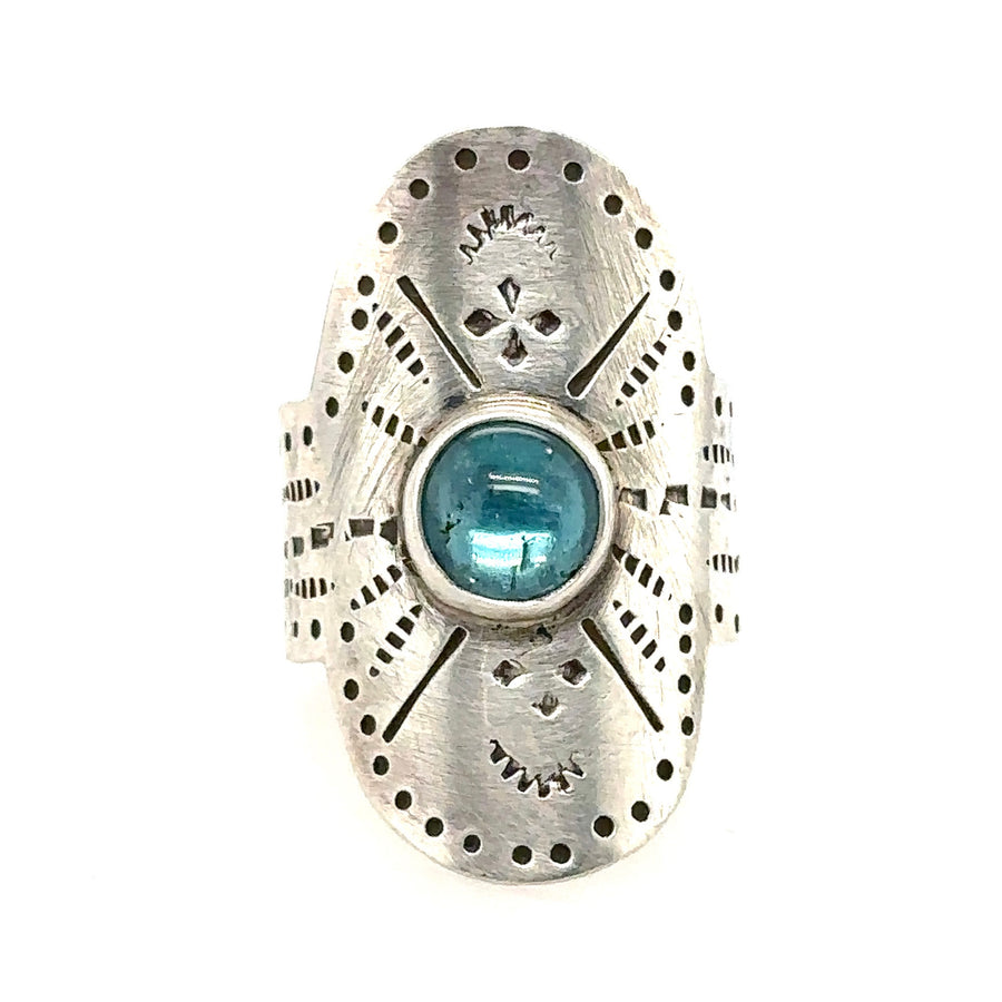 Ring - Stamped Shield with Blue Tourmaline