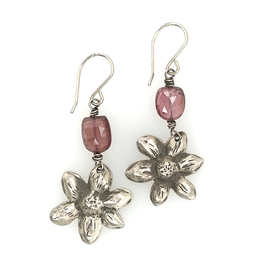 Earrings - Repousse Flowers with Pink Tourmaline