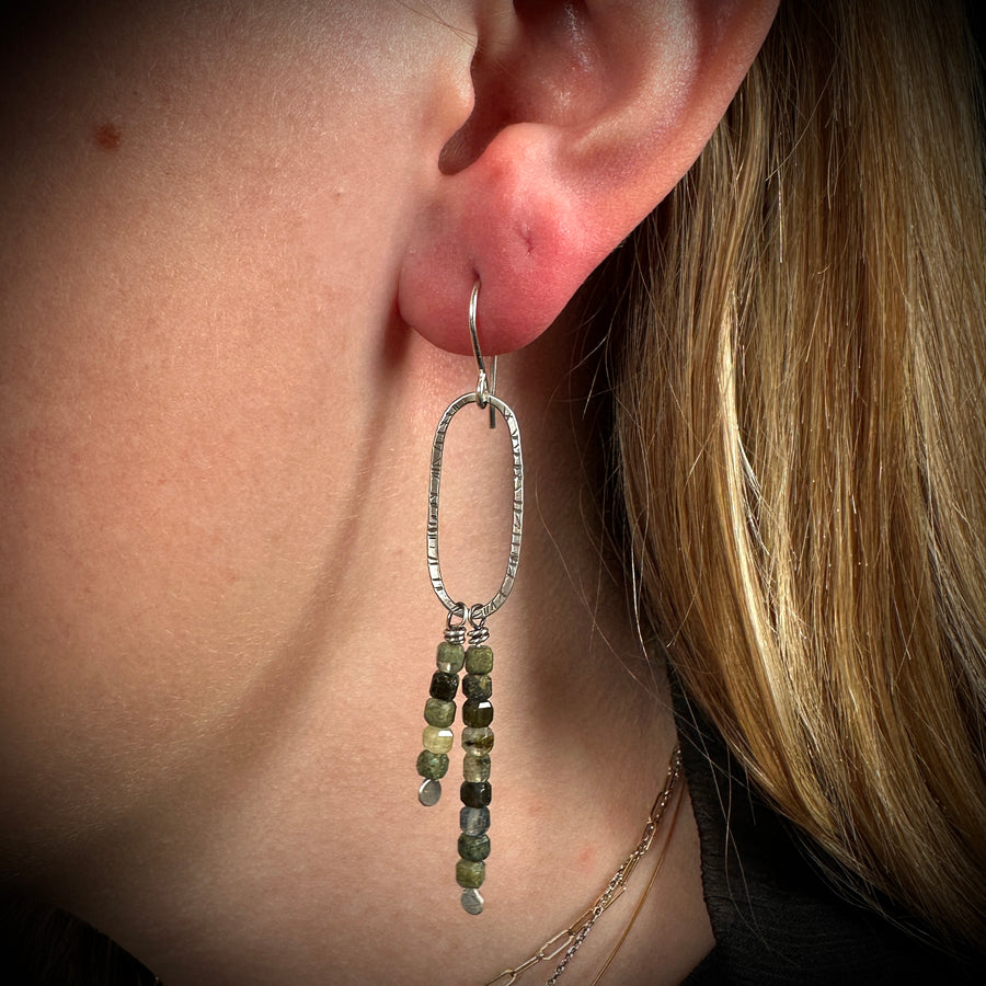 Earrings - Stamped Ovals with Green Quartz