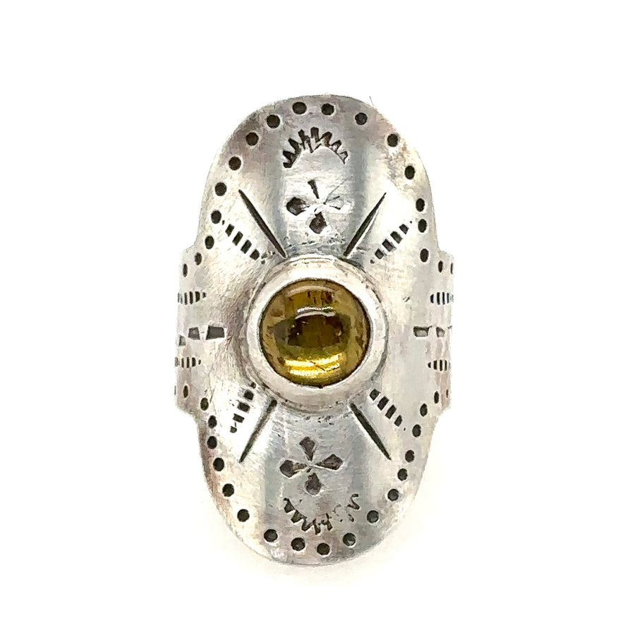Ring - Stamped Shield with Yellow Tourmaline