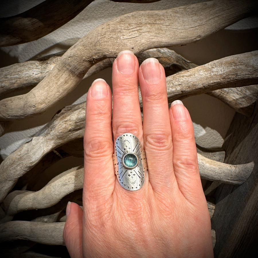Ring - Stamped Shield with Blue Tourmaline