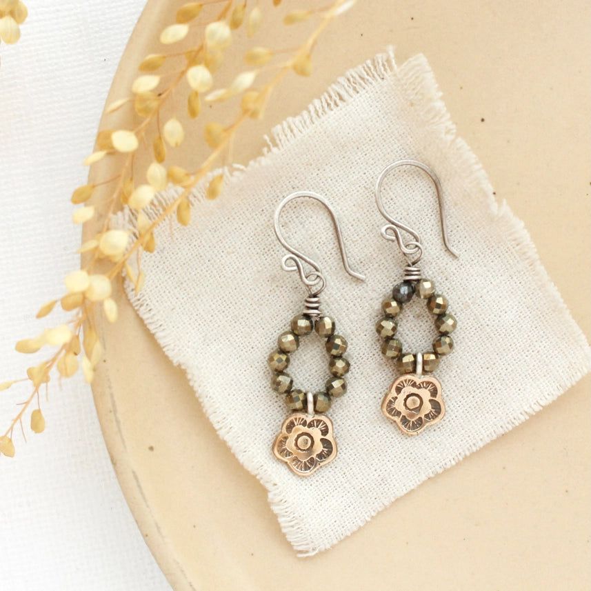 Bronze Mini Cactus Flower - Earrings - Pyrite