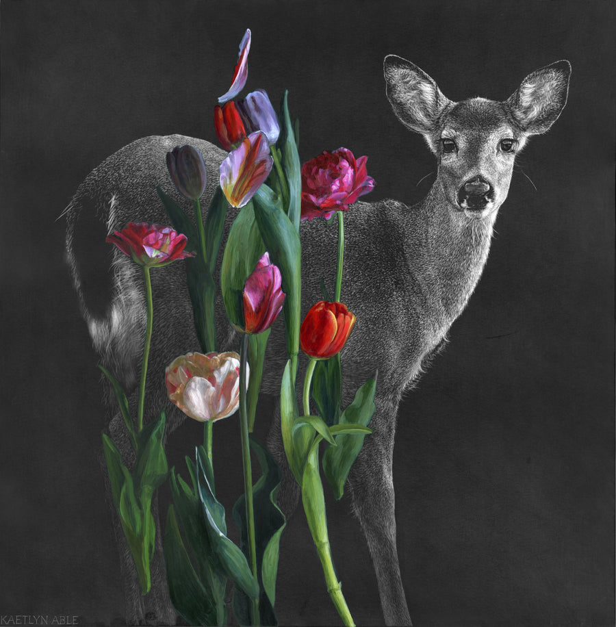 Tulips and Doe 2024 - Original Scratchboard