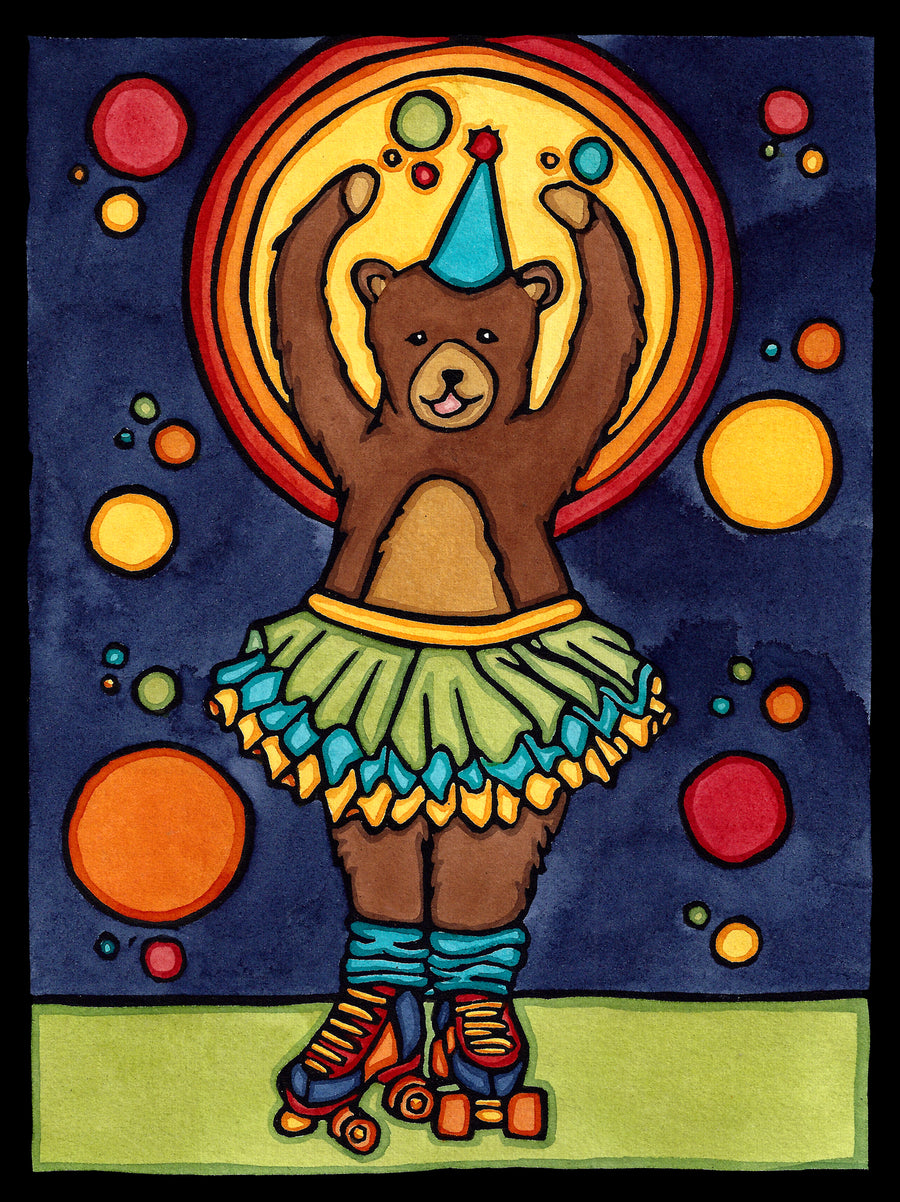 Bear on Skates - Original Linocut