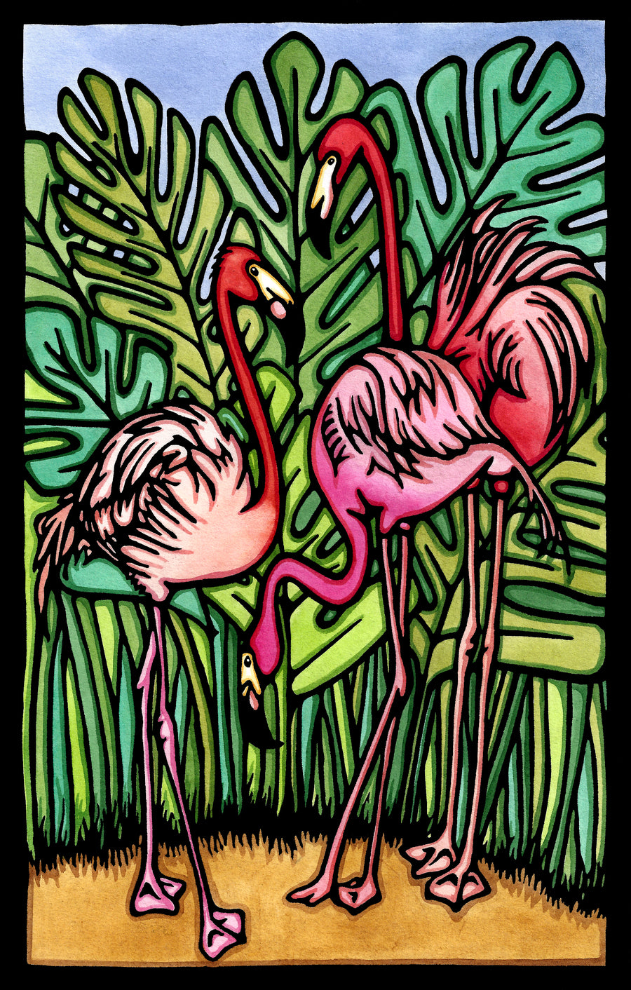 Flamingos - Original Linocut