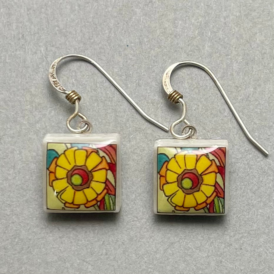 Earrings - Square - Yellow Flowers
