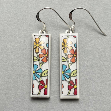 Earrings - Rectangle - Flowers on White